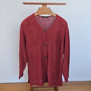 Peruvian Connection Red Knit Sweater Cardigan 100% Cotton Size XL